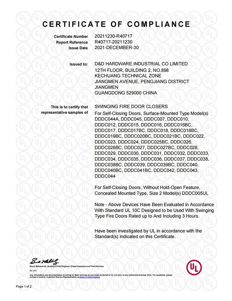 Сертификация ANSI CE Многоразмерный регулируемый пружинный дверной доводчик -DDDC019BC