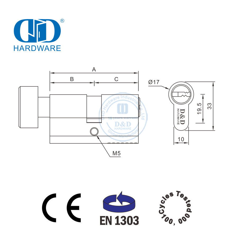 Деревянная дверная фурнитура с цилиндром для ключей с сертификацией EN 1303-DDLC004-70mm-SB