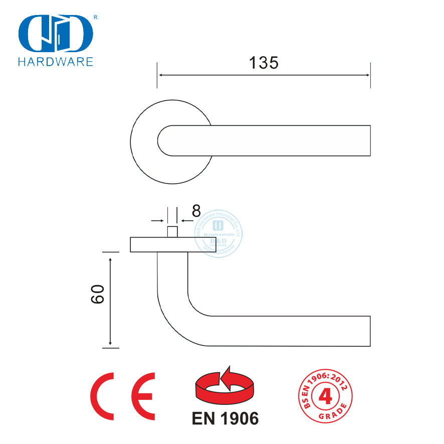 Дверная ручка с рычагом замка BS EN 1906 из нержавеющей стали-DDTH002-SSS