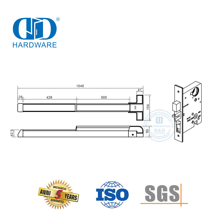 Устройство аварийного выхода SUS 304 с врезным замком американского стандарта-DDPD039-SSS