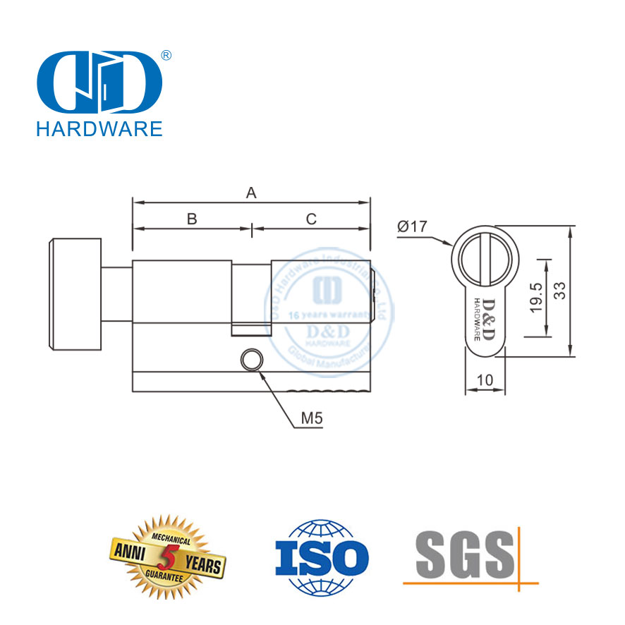 Сатинированное хромированное покрытие, сертификация EN 1303, цилиндр замка для ванной комнаты-DDLC007-70mm-SC