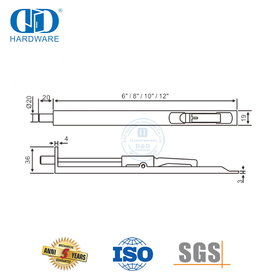 Фурнитура для деревянных дверей, сверхмощный 8-дюймовый болт заподлицо из нержавеющей стали-DDDB001-MB