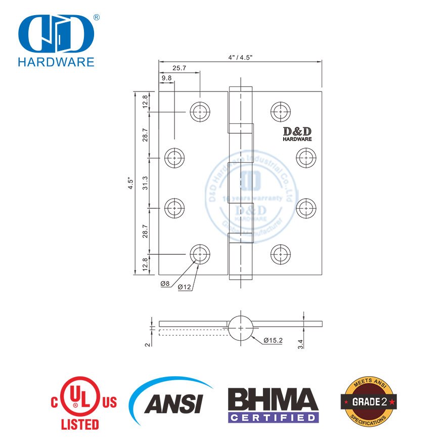 Архитектурная нержавеющая сталь, внесенная в список ANSI UL BHMA, с мягким закрыванием, огнестойкая, сверхпрочная, для жилой мебели, металлическая дверная петля-DDSS001-ANSI-2-4,5x4x3 мм