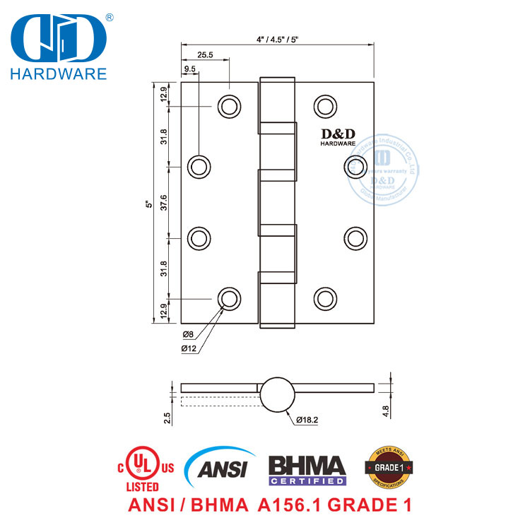 Сертификат BHMA UL, огнестойкий шарикоподшипник ANSI, античная латунь, сверхмощная металлическая деревянная дверная петля с мягким закрыванием -DDSS001-ANSI-1-4,5x4,5x4,6 мм