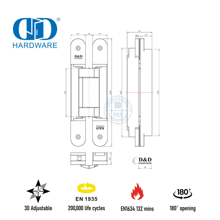 Регулируемая скрытая дверная петля 120 кг EN1935 для противопожарных металлических дверей-DDCH008-G120