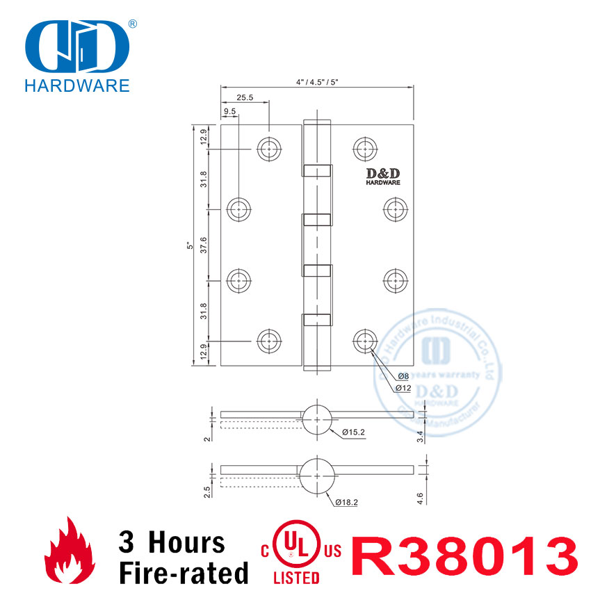 Архитектурный огнестойкий сертификат BHMA UL, американский стандарт SUS304, врезная петля для дверей офиса и отеля с 4 шарикоподшипниками-DDSS08-FR-5x4,5x3,4 мм