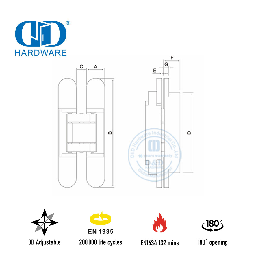 Огнестойкая скрытая дверная петля EN1935 для двери спальни-DDCH008-G40