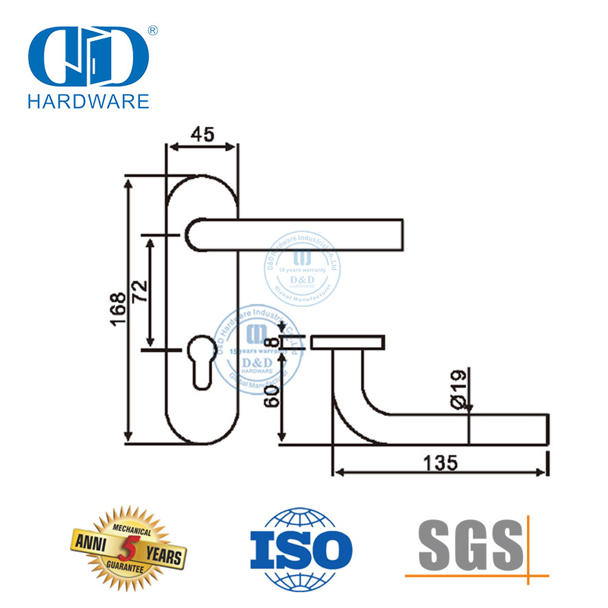 Высококачественная внутренняя ручка из нержавеющей стали с пластиной для металлических дверей-DDTP008
