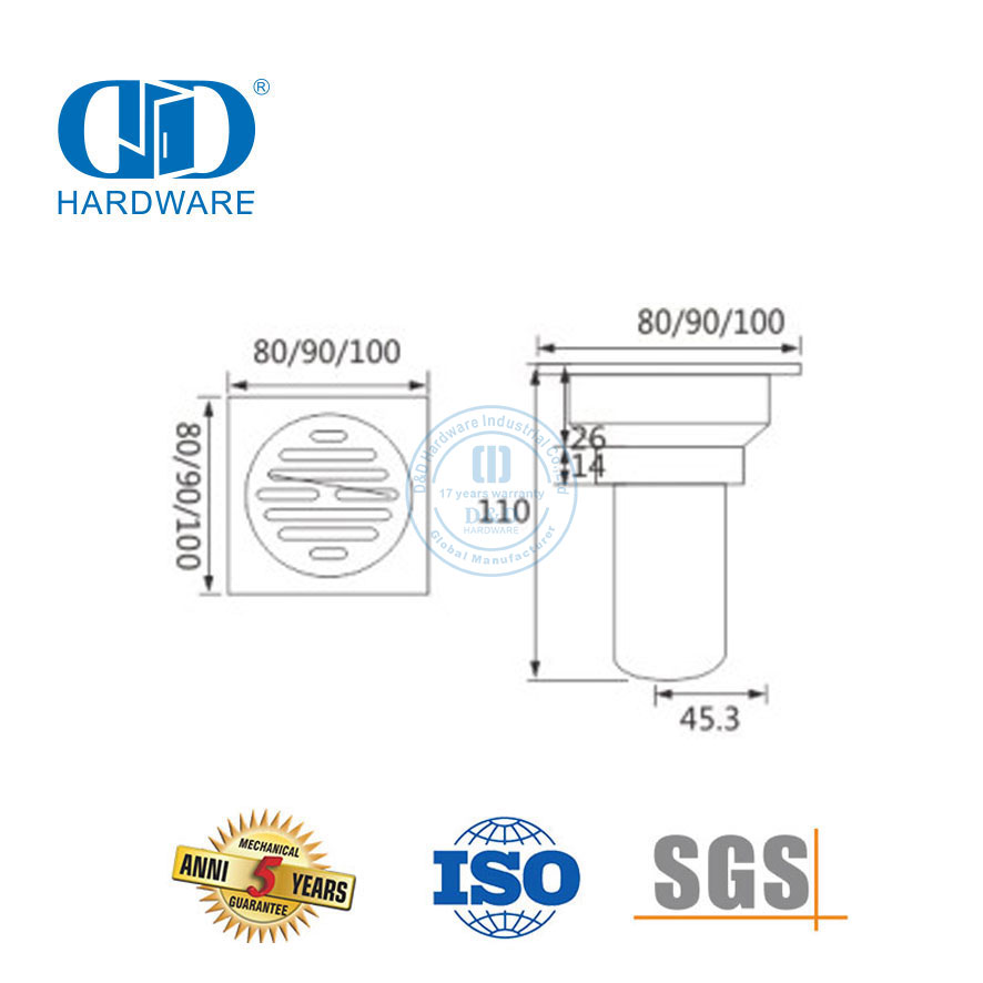 Высокобезопасный квадратный трап из нержавеющей стали для ванной комнаты, душевой трап, фурнитура для ванной комнаты для стеклянной двери-DDFD0011