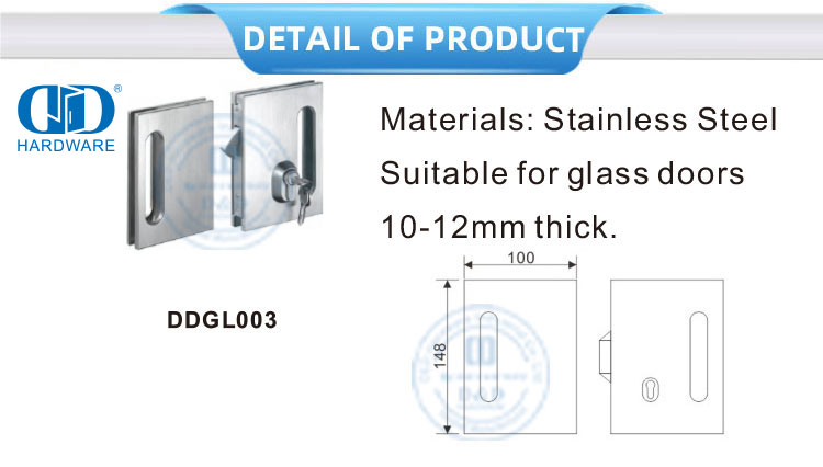 Замок для раздвижной двери с квадратным стеклом из нержавеющей стали, дверной замок с ключом-DDGL003